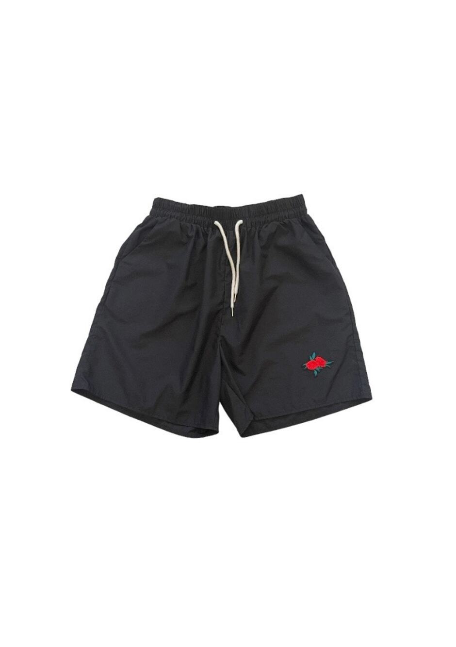 Romwe Shorts Black Drawstring Polyester Embroidered Rose Patch Large
